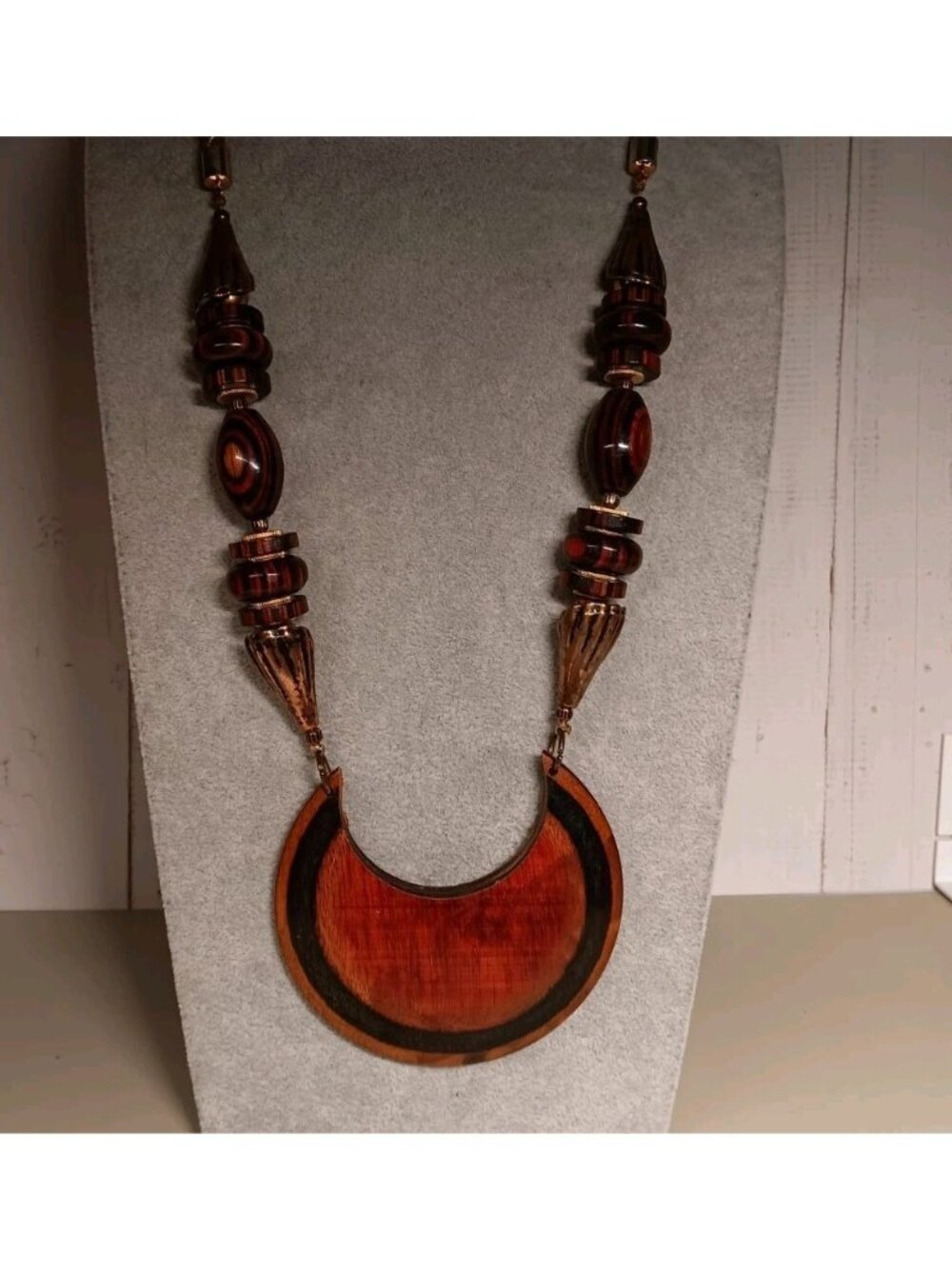 Boho Exotic Wooden Pendant with Striped Hardwood and Copper Beads 1980s